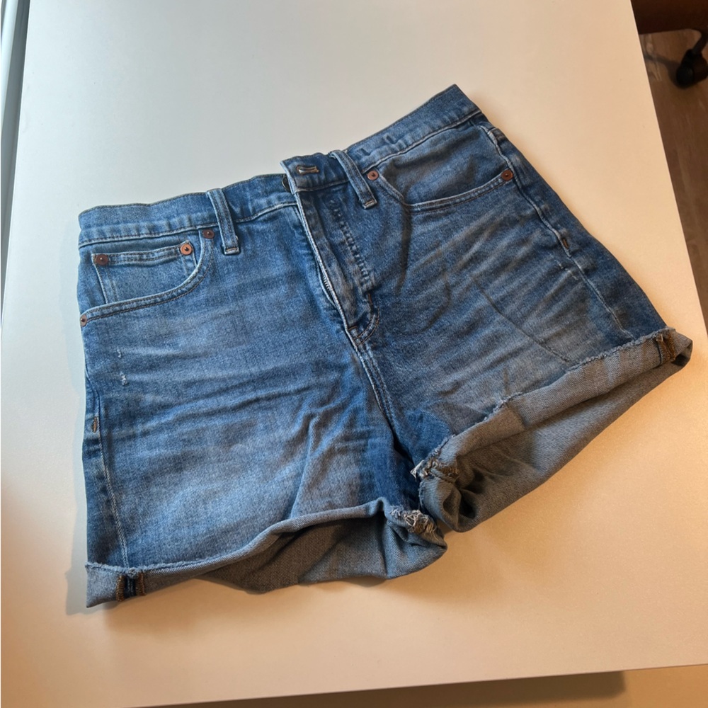 high rise, blue denim shorts